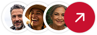 Três pessoas sorrindo com ícone de seta para cima, representando RPV Precatório