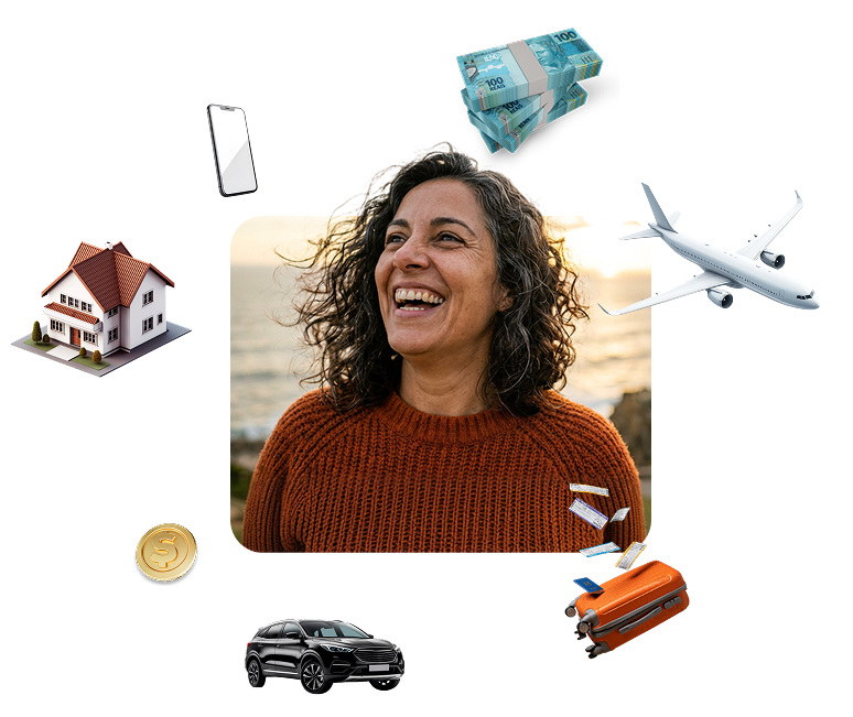 Mulher sorrindo com elementos de RPV Precatório: casa, dinheiro, avião, carro.