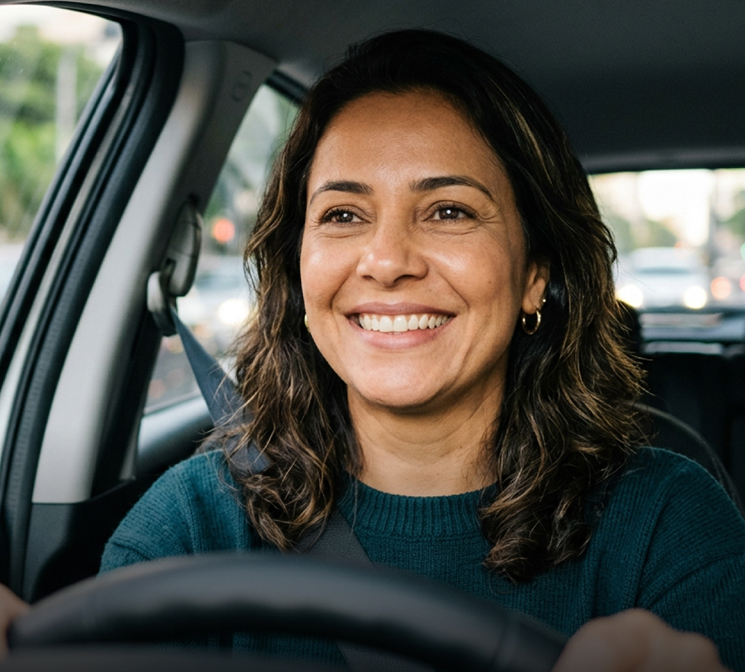 Mulher sorrindo dirigindo um carro com uma blusa verde